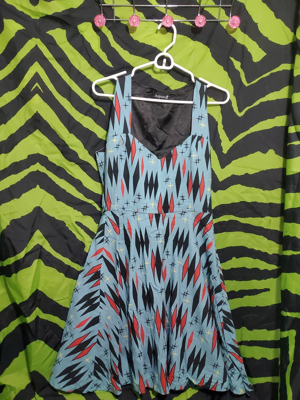 Sourpuss - Sleeveless Aqua Print Fit & Flare Dress with Red and Black Accents